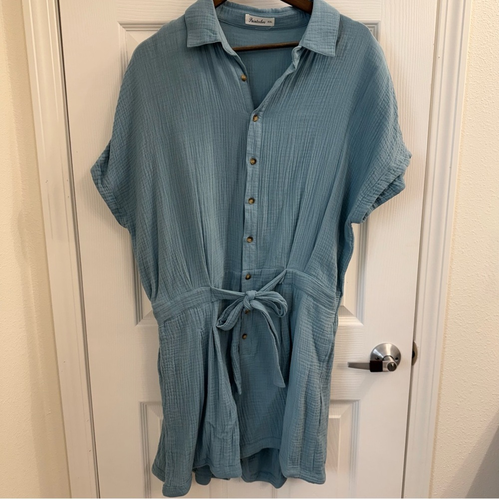 Women’s Cotton Blue Button-Up Romper with Tie Waist